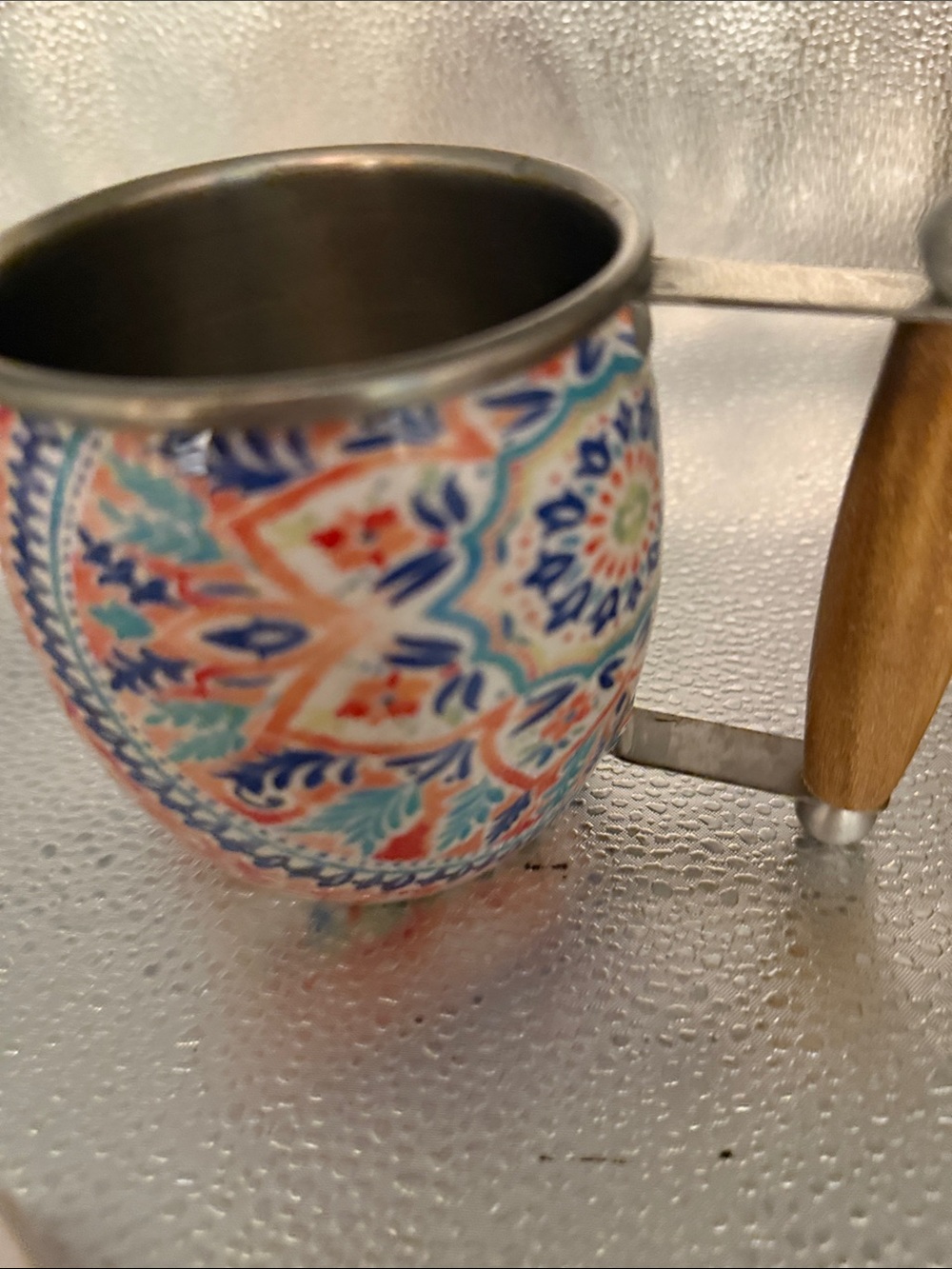 Decorative Enamel Mandala Mug with Stainless Steel inside and wood handle - Picture 2 of 8